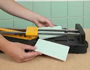 Preparation Gallery: Hand holding tile in tile cutter