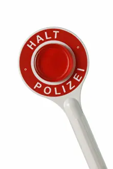 Studio Prints: Handheld police signal, labelled Halt, Polizei, german for Stop! Police