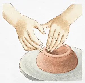 Throwing Prints: Hands molding clay on wheel