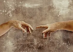 Two hands touching with fingers Michelangelo the creation of Adam watercolor illustration