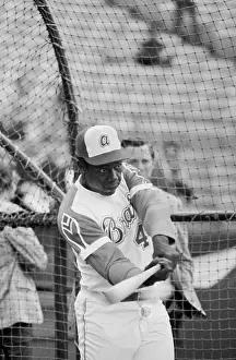 Hank Aaron Swinging Bat at Baseball