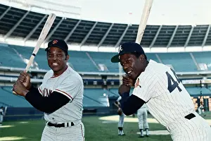 Hank Aaron Prints: Hank Aaron and Willie Mays Holding Baseball Bats
