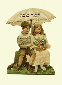 Jewish Prints: Happy New Year Children under Umbrella