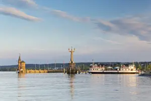 Konstanz Prints: Harbour entrance of Konstanz with the statue of Imperia and the historic ferry Konstanz