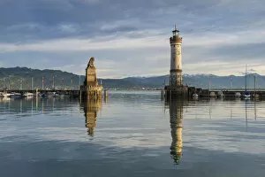 Harbour of Lindau with the Bavarian lion and a lighthouse, Lake Constance, Lake Constance, Lindau - Bodensee, Swabia
