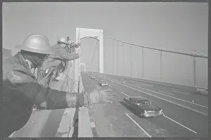 Hard Hat Workers Waving to Motorists from Throgs Neck Bridge