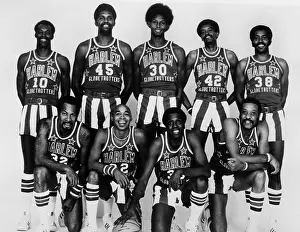 Prints of 1976: The 1976-77 National Unit Harlem Globetrotters team. Kneeling (L-R): Nate Branch, Curly Neal, Meadowlark Lemon and Jackie Jackson Courtside Vibes: Stunning Basketball Prints: Harlem Globetrotters