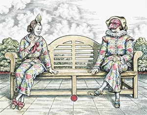 Images Dated 5th January 2007: Harlequin, male and female costumed characters sitting on outdoor bench