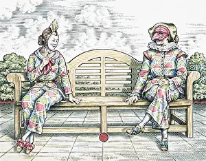 Harlequin, male and female costumed characters sitting on outdoor bench