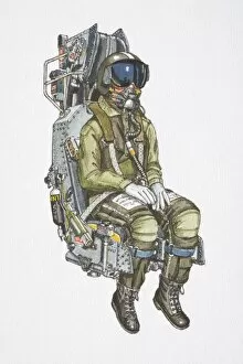 Harrier Jet pilot strapped into seat wearing a helmet, visor, oxygen mask and jumpsuit