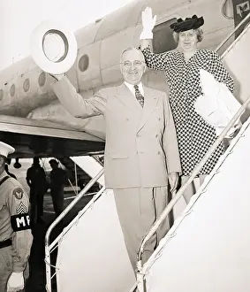 Boarding Prints: Harry and Bess Truman Wave from Plane Ramp
