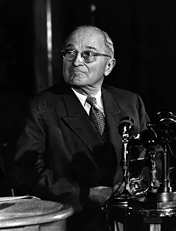 Prints of 30th June 1956: Former President of the United States, Harrys Truman, aged 72, at a press conference at the Savoy, London. Original Publication: Picture Post - 8537 - An Old Friend Comes Back - pub A Monumental Collection Capturing the Life and Leadership of America’s 33rd President: Harry Truman