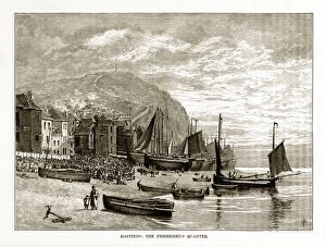 Hastings, East Sussex Gallery: Hastings, England The Fishermens Quarter Victorian Engraving