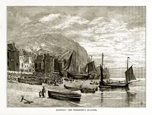 Hastings, England The Fishermens Quarter Victorian Engraving