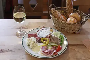 Snack Prints: Hauerjause, snack with bread, meat and wine
