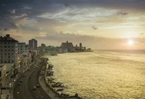 Havana. View of El Malecon at sunset
