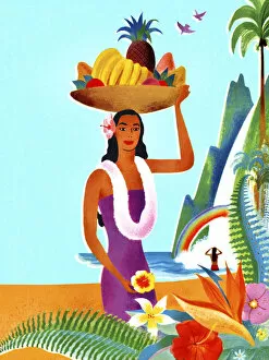 Healthy Food Collection: Hawaiian Woman with a Fruit Basket on Her Head