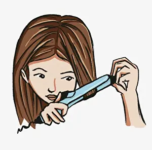 Teenagers Prints: Head of girl with long, straight brown hair wrapping front strands around barrel of curling iron