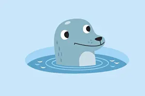 Antarctic Prints: Head of smiling seal emerging from water in circular hole in icy surface