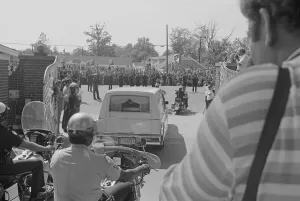 Hearse Prints: Hearse with Elvis Presley Casket Leaving Mansion Grounds