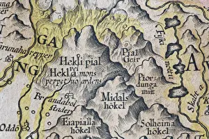 Hekla Volcano, Iceland, hand-coloured Iceland copperplate engraving by Gerhard Mercator, 1595