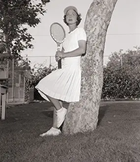 Racquet Prints: Helen Wills Moody Poses with Tennis Racquet