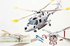 Helicopter in flight, and diagram of rotor blades