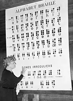 Anniversary Prints: Hellen Keller Pointing to Braille Alphabet Chart