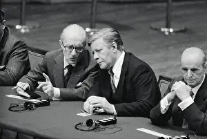 Helmut Schmidt and Louis De Guiringaud at Conference