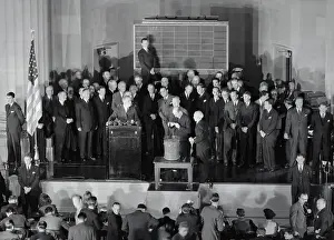 Stimson Prints: Henry Morgenthau at Podium During Fish Bowl Drawing