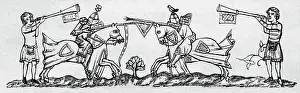 Prints of (Original Caption). Two heralds announcing jousting tournament. Woodcut after medieval miniature painting. Undated Discover the beauty and mystery of the medieval era: Two Heralds Announcing Jousting Contest