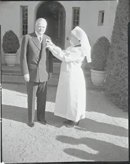Red Cross Prints: Herbert Hoover Being Pinned with Red Cross Button