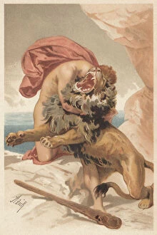 Digital Vision Vectors Gallery: Hercules fighting the Nemean Lion, Greek Mythology, lithograph, published 1897