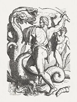 Images Dated 27th May 2016: Hercules slaying the Hydra, Greek mythology, wood engraving, published 1880