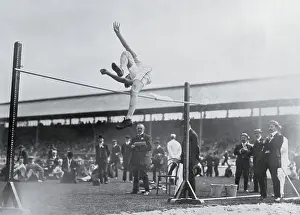 Prints of (Original Caption). Olympic Games, London, England 1908- The high jump winner H.F. Porter, United States Capturing Glory: A Journey Through Olympic History: H.F. Porter Jumping High Bar