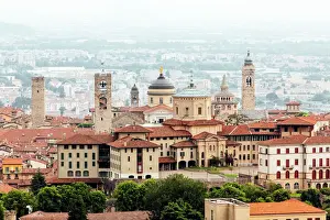 High angle view of Bergamo Citta Alta skyline with medieval towers, Lombardy, Italy