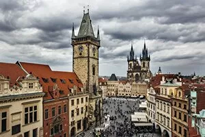 Clock Tower Collection: High angle view of Clock Tower, Old Town Square and Tyn Church on a clody gloomy day, Prague