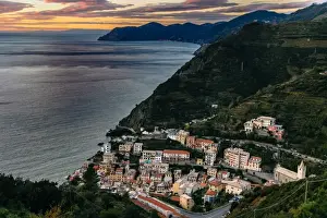 Riomaggiore Prints: High-angle view on Riomaggiore village in Cinque Terre National Park, Liguria, Italy