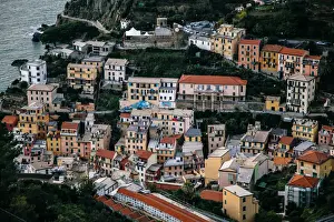Liguria Prints: High-angle view on Riomaggiore village in Cinque Terre National Park, Liguria, Italy