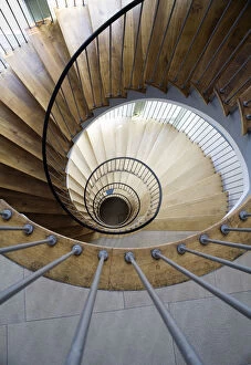 Railing Collection: High angle view of a spiral staircase