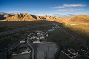 The high angle view of Tibetan village and mountain range