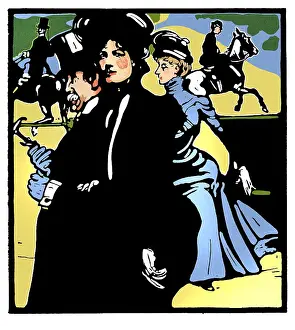 High society couple walking in Hyde park art nouveau drawing 1899