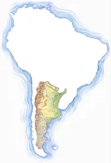 Highly detailed hand-drawn map of Argentina within the outline of South America with a compass rose and the equator