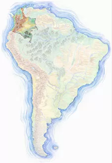 Images Dated 25th June 2012: Highly detailed hand-drawn map of Brazil within the outline of South America with a compass rose