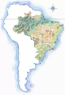 Highly detailed hand-drawn map of Brazil within the outline of South America with a compass rose and the equator