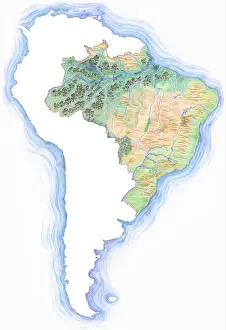 Highly detailed hand-drawn map of Brazil within the outline of South America with a compass rose and the equator