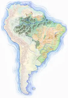 Cards Prints: Highly detailed hand-drawn map of Brazil within the outline of South America with a compass rose and the equator