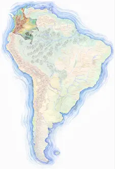 Highly detailed hand-drawn map of Brazil within the outline of South America with a compass rose and the equator