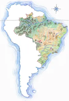 Highly detailed hand-drawn map of Brazil within the outline of South America with a compass rose and the equator