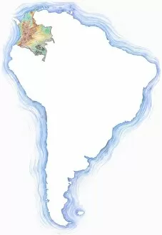 Images Dated 25th June 2012: Highly detailed hand-drawn map of Colombia within the outline of South America with a compass rose